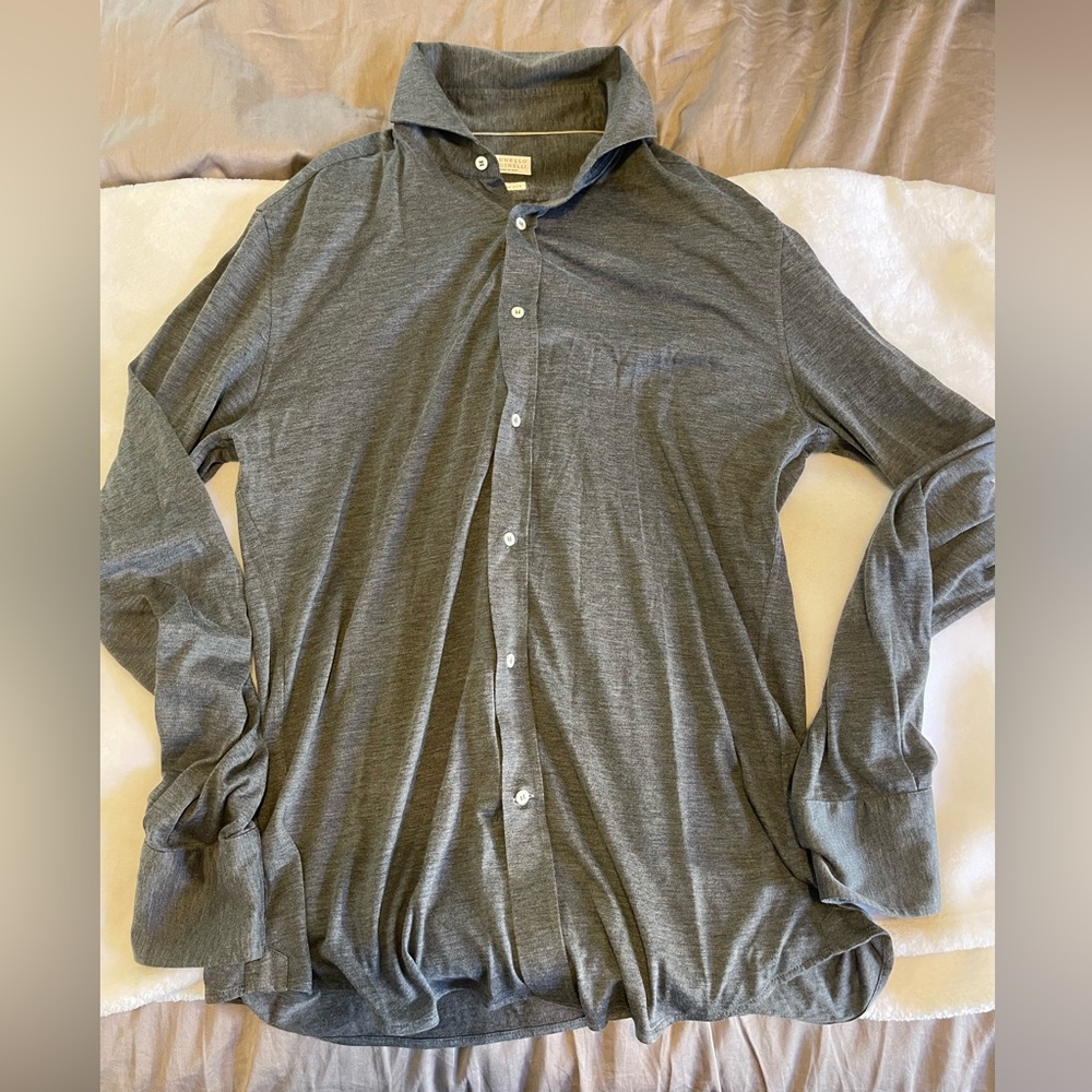 Brunello Cucinelli Silk and cotton jersey slim fit shirt with spread collar